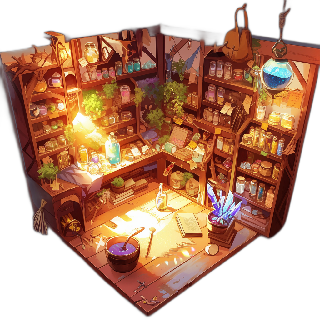 Isometric art of an alchemist’s shop, filled with potions and magical items, with warm lighting. The shop is depicted in the style of Liu Runhui.