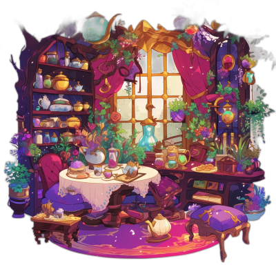 A cute witch's tea room with magic potions and colorful plants, in the cartoon style, 2D game art, on a black background, fantasy-inspired art, cartooncore, whimsical cartoonishness, a storybook illustration, a simple cartoon background, a detailed character design, a vibrant color palette, high resolution, intricate details, a sharp focus, intricate details, cinematic lighting, a full body shot.