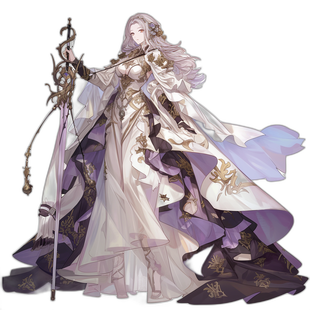 Full body concept art of an elegant and divine woman with long hair, wearing white robes adorned with purple accents and holding the golden scepter from Fire Emblem Three Houses on a black background. Character design in the style of anime.