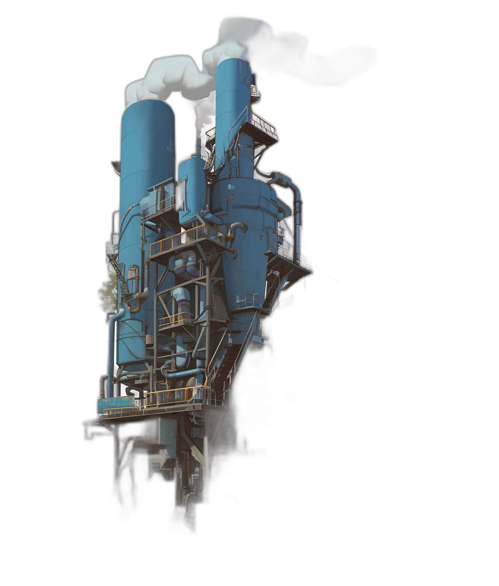 A threedimensional floating white and blue industrial plant with smoke coming out of its chimney, on black background, isometric view, high resolution photography, hyper realistic, cinematic light