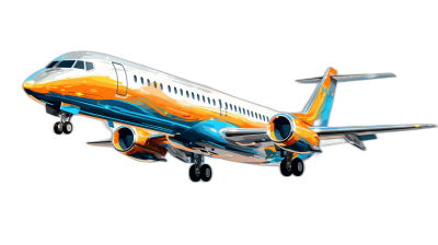 colorful vector graphic illustration of an airplane, on black background, orange and blue color scheme, high resolution, no shadows, high detail,