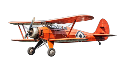 An orange biplane from the First World War with a white circle on the side flying in a black background, photorealistic, full body shot in the style of an early 20th century aviation photographer.