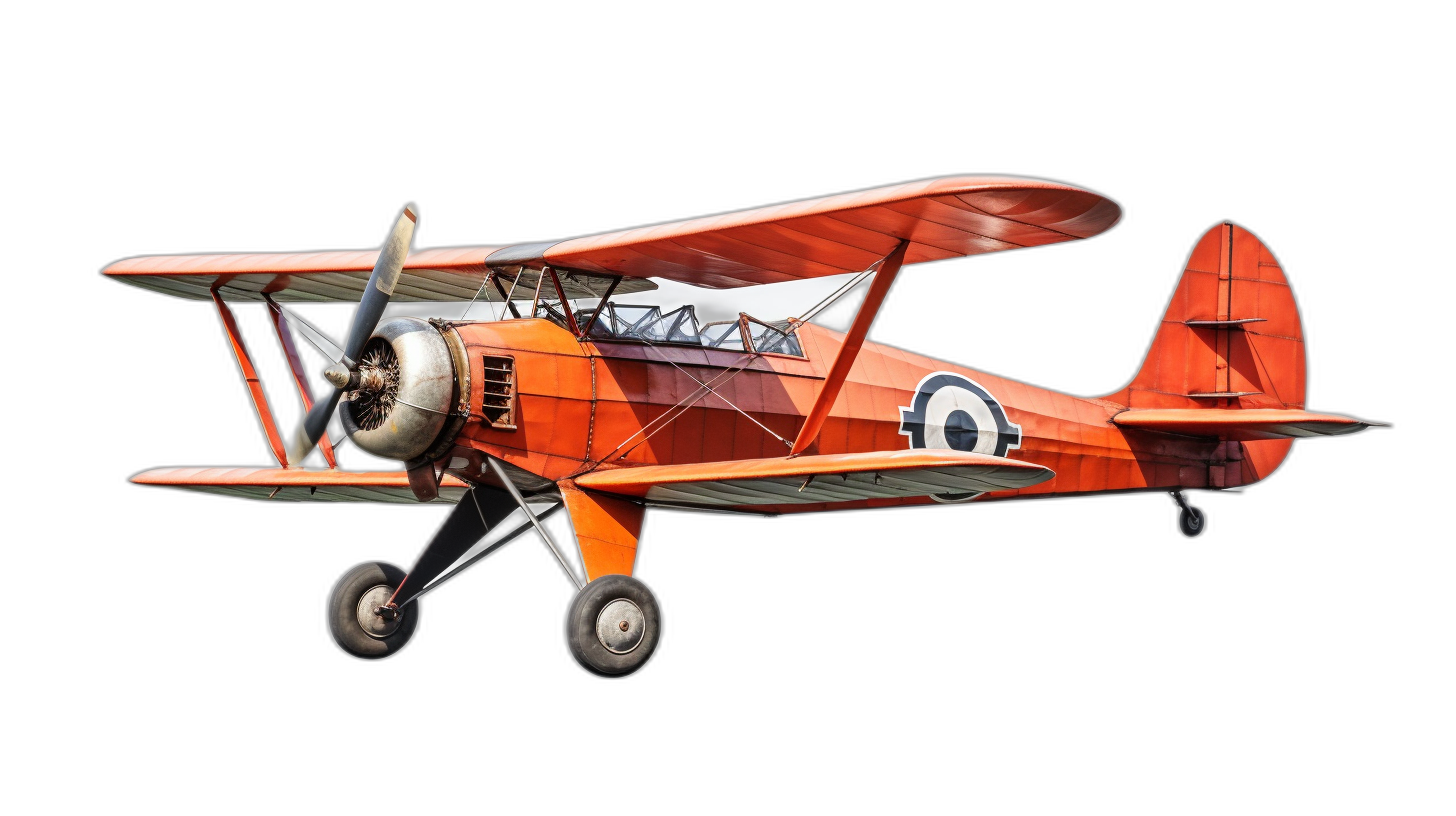 An orange biplane from the First World War with a white circle on the side flying in a black background, photorealistic, full body shot in the style of an early 20th century aviation photographer.