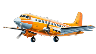 Illustration of an orange and white DC3 airplane flying against a black background in the style of a cartoon, with a simple design, created as vector art, high resolution, high quality, high detail digital art suitable for 2D games, with flat colors and no outlines or borders.