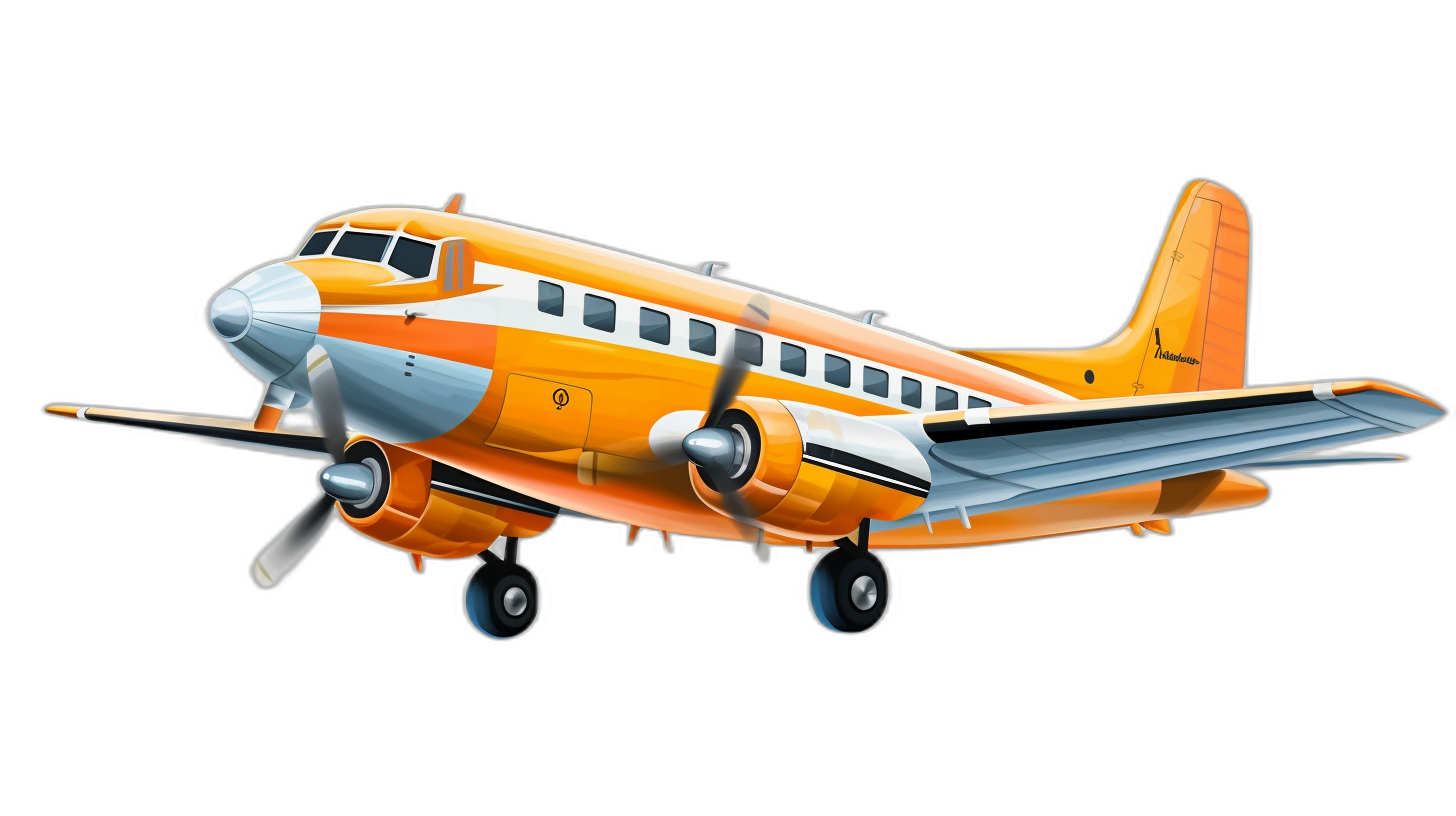 Illustration of an orange and white DC3 airplane flying against a black background in the style of a cartoon, with a simple design, created as vector art, high resolution, high quality, high detail digital art suitable for 2D games, with flat colors and no outlines or borders.