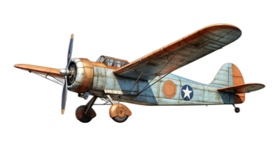 A small American plane from the early years of World War II, with blue and white paint on its wings and tail painted brown. The airplane is flying against a black background in the style of 3d render game art.