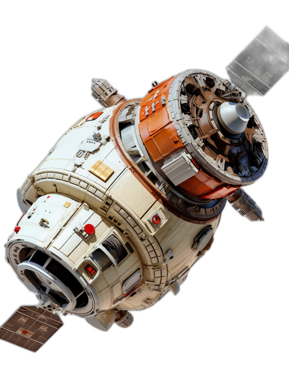 a detailed photo of the Russian space station Z$/M style on black background, full shot, 3d render, octane rendering, white and orange color scheme, high resolution photography, high details, high quality