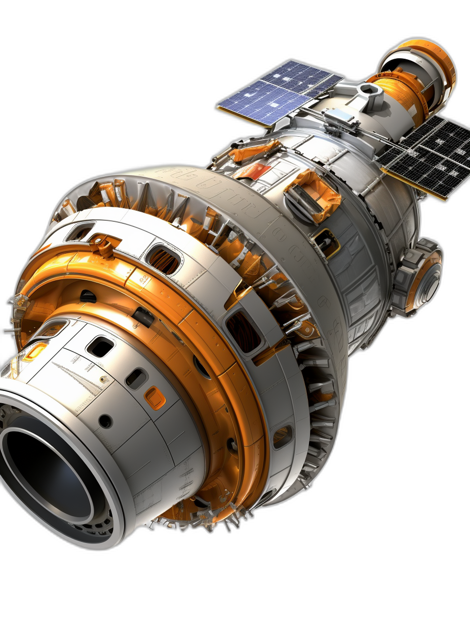 3d render of the engine of space station, on black background, hyper realistic, orange and white details, perspective view