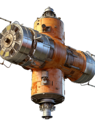 A highly detailed render of the Russian space station in orange and silver, floating against a black background. The 3D model was created using Blender, ZBrush and rendered with Octane Render in the style of the unreal engine.