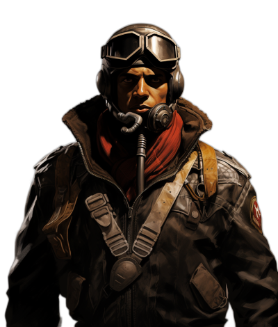 concept art of the character, an old world war two pilot wearing his flight jacket and helmet with goggles around neck, red scarf over mouth covering, dark background, dramatic lighting, portrait