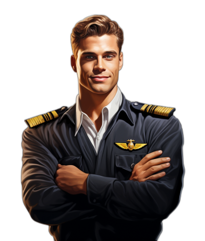 An ultrarealistic digital illustration of a young handsome man in a captain's uniform with his arms crossed, smiling and looking at the camera on a black background. The character should have short hair styled to one side and wear a dark blue jacket with a white shirt underneath. On each shoulder is a gold collar badge featuring airplane wings. He has brown eyes and a light skin tone. Use soft lighting from above to cast gentle shadows across his face, creating a serene atmosphere in the style of [Rembrandt](https://goo.gl/search?artist%20Rembrandt).