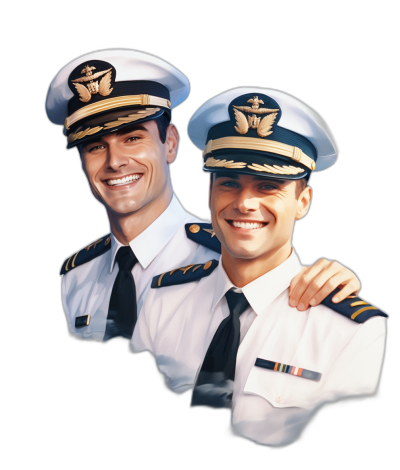 Two smiling men in white and black pilot uniforms, one with his arm around the other's shoulder, against a black background, in the photorealistic style, of high resolution, like a professional photograph, with high definition quality.