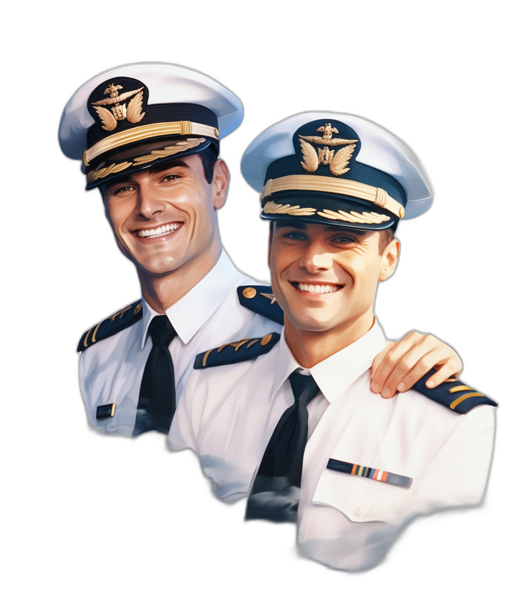 Two smiling men in white and black pilot uniforms, one with his arm around the other’s shoulder, against a black background, in the photorealistic style, of high resolution, like a professional photograph, with high definition quality.