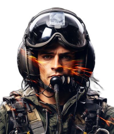 a portrait of an american fighter pilot, he is wearing his helmet and there's fire coming out from the mouthpiece, he has dark hair and stubble on face, black background, hyper realistic photography