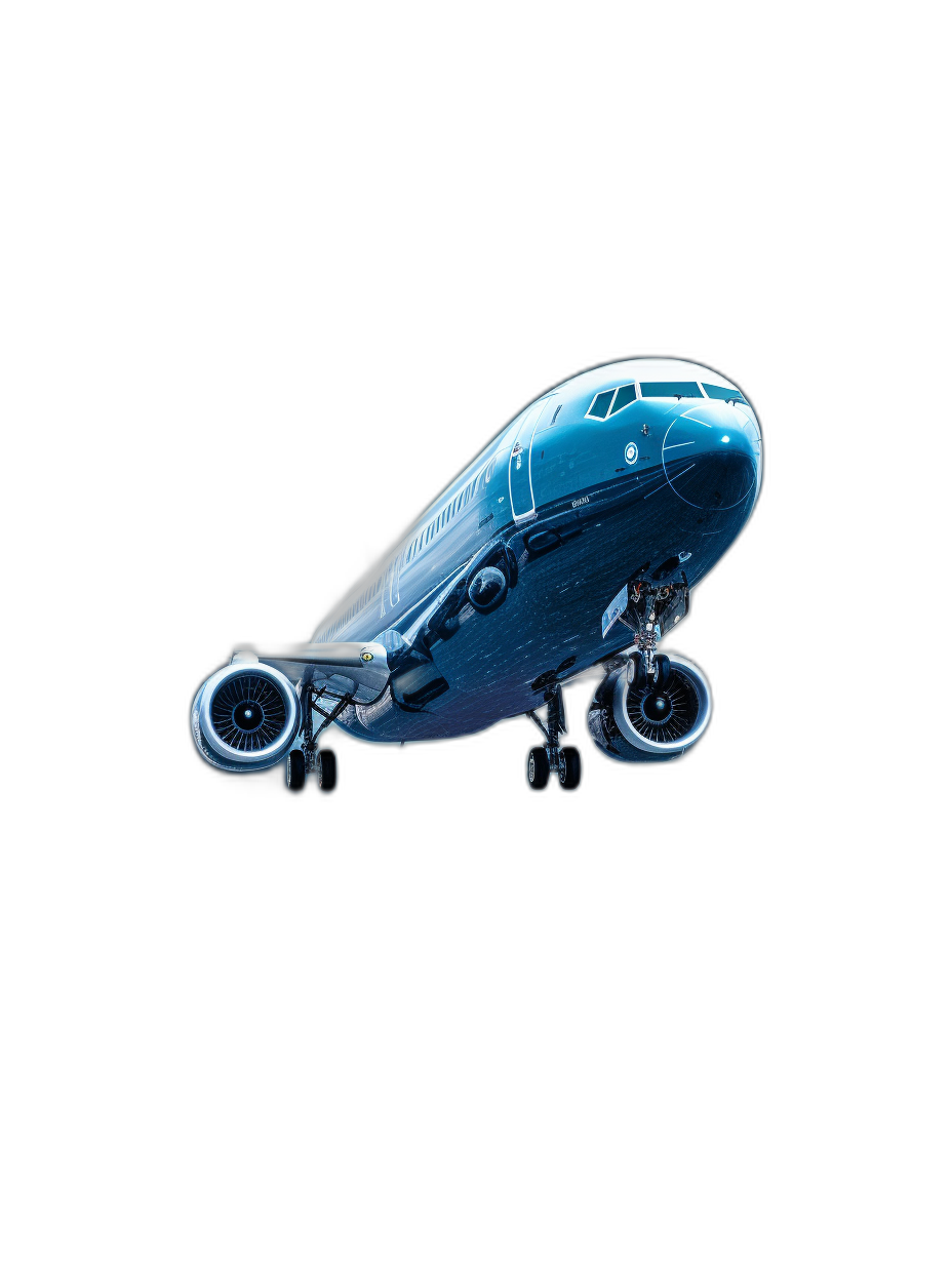 A blue airplane with wheels on the side flying in space against a black background, in the style of hyper realistic photography with minimal errors corrected.