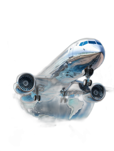 3D render of an airplane with a globe behind it on a black background, flying around the earth. The airbus A209 jet plane features hyperrealistic details in the style of airbrush art, with very intricate detail and cinematic lighting, appearing photo realistic with clear sharp focus. HDR lighting adds to the intricate details.