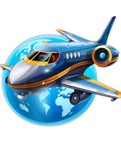 An illustration of an airplane flying around Earth for a mobile game icon, featuring a cartoon style with a black background. The blue and yellow plane has no characters or windows on its body, only two large engines on each side and one small front window. A globe appears behind it, indicating flight over Earth. This design will be used as part of app icons. The isolated vector art uses solid colors without gradients, in the style of cartoons.