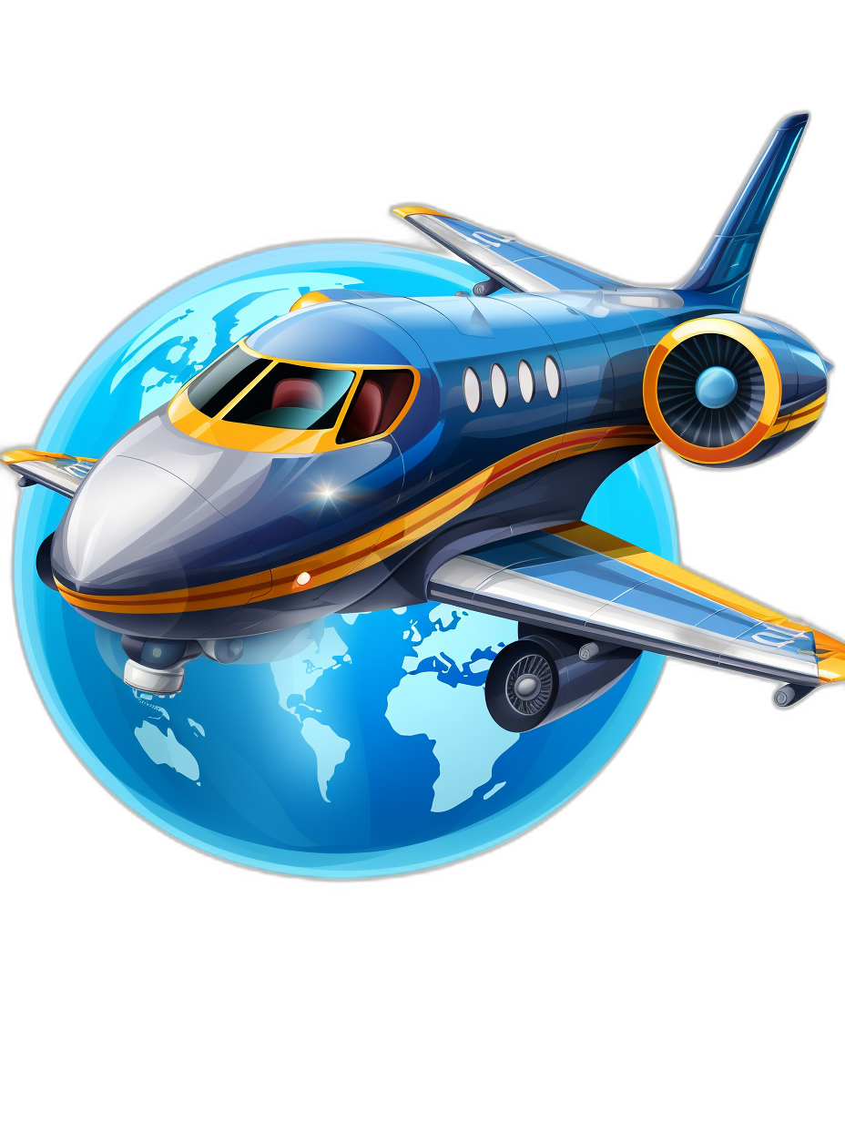 An illustration of an airplane flying around Earth for a mobile game icon, featuring a cartoon style with a black background. The blue and yellow plane has no characters or windows on its body, only two large engines on each side and one small front window. A globe appears behind it, indicating flight over Earth. This design will be used as part of app icons. The isolated vector art uses solid colors without gradients, in the style of cartoons.