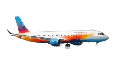 A320 with colorful livery, side view on black background, photorealistic,