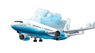 3D rendering of a Boeing airplane flying in the sky, in the style of a cartoon, vector illustration for a children's book, with a blue and white color palette, isolated on a black background, with white smoke behind the plane.