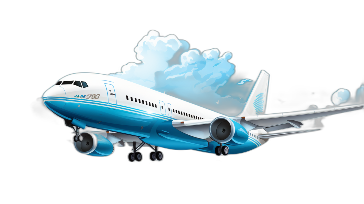 3D rendering of a Boeing airplane flying in the sky, in the style of a cartoon, vector illustration for a children’s book, with a blue and white color palette, isolated on a black background, with white smoke behind the plane.