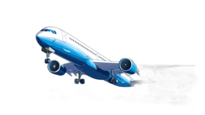 A blue and white airplane taking off in the style of cartoon, black background, 3D rendering, high resolution, professional lighting and photography.