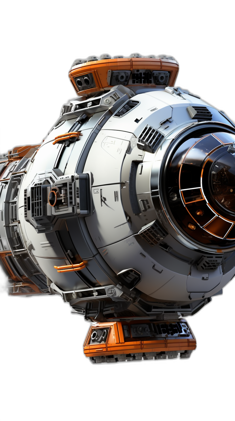 3D render of spaceship, white and orange color scheme, black background, hyper realistic details, in the style of Unreal Engine, in the style of Octane Rendering, Blender, Cinema4D, in the style of Unreal Engine, in the style of Octane Rendering.