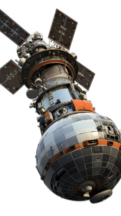 A realistic render of the Russian cargo spacecraft "Progress", with its cylindrical body and circular solar panels, floating in space against a black background. The object is rendered in high resolution, showcasing intricate details such as metallic textures and lighting effects that highlight reflections on each panel. This scene has been captured using a Canon EOS R5 camera with an RF 24-70mm f/8 lens for a sharp focus on every detail.