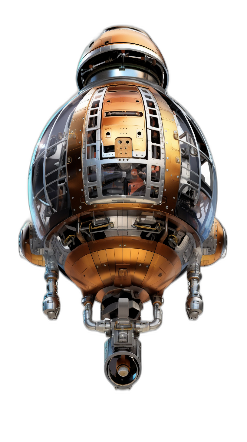 A spherical steampunk airship with intricate brass and copper detailing, a glass canopy showing the interior with steampowered engines and crew inside, floating against black background, high resolution render,