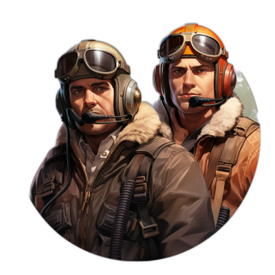 Two World War II bomber pilots, circular icon in the style of rpg maker on black background