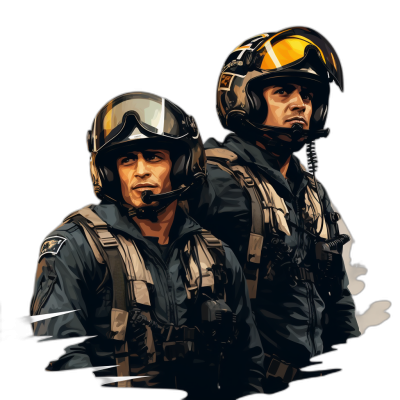 Two fighter pilots in modern combat gear and helmets standing side by side, one with long hair and the other short, vector art for a t-shirt design on a black background.