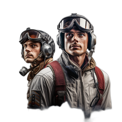 photorealistic portrait of two male star wars characters, pilot and aviator gear on black background