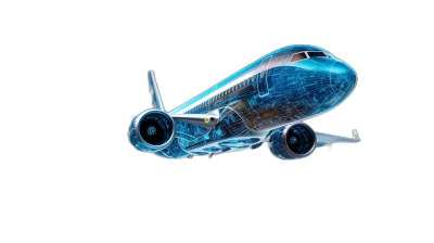 3D render of airplane in the style of xray with transparent body on black background, blue and white glowing details.