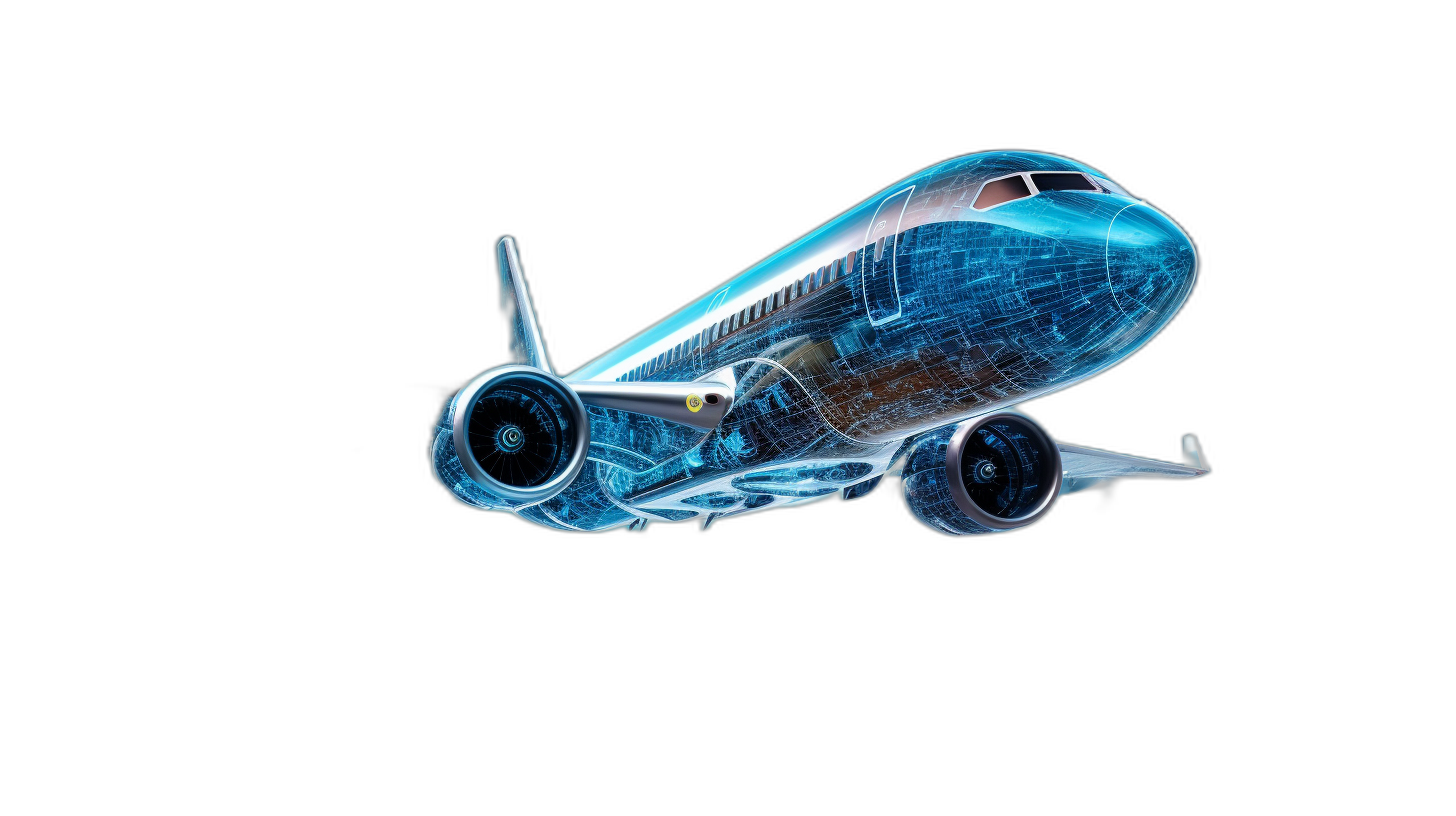 3D render of airplane in the style of xray with transparent body on black background, blue and white glowing details.