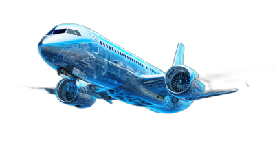 3d render of an airplane in the air, made from translucent blue plastic with light effects on black background, isometric view, 25mm lens