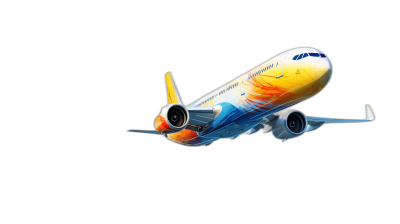 Realistic photo of an airplane flying in the sky, isolated on a black background, with yellow and blue colors, in the style of a colorful cartoon, taken from a low angle shot, with high resolution and high quality.