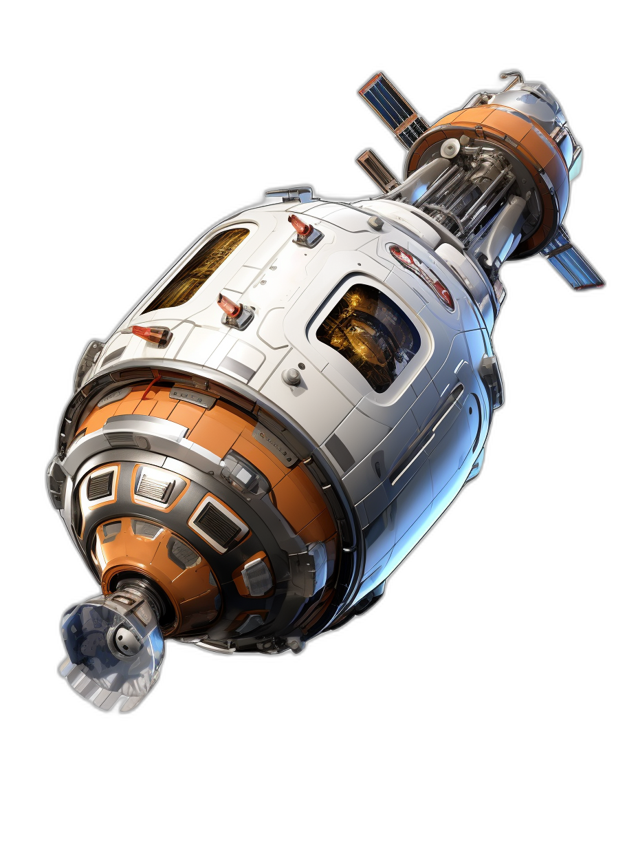 isometric view of the Apollo spaceship from star wars, white and orange with chrome details on a black background, concept art in the style of Pixar studio style, octane render