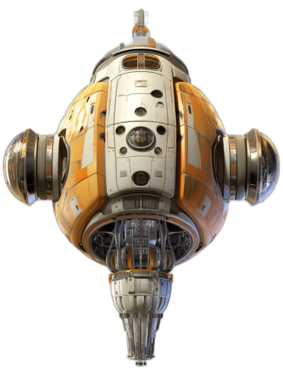 A top-down view of the droid spaceship The Liono from [Studio Ghibli](https://goo.gl/search?artist%20Studio%20Ghibli), 3D render on a black background, with an orange and white color scheme, detailed, cinematic, hyperrealistic, high resolution, clear focus, natural lighting, and sharp details. Rephrased to say "in the style of [Studio Ghibli](https://goo.gl/search?artist%20Studio%20Ghibli)".