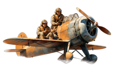 concept art of two men sitting on top of an old world war one biplane, against a black background, in the realistic style.