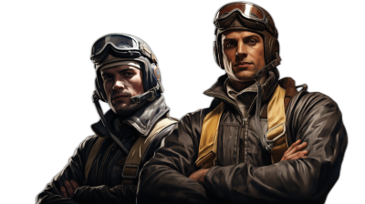 A World War II pilot and his friend pose for the camera, isolated on a black background, in the style of hyper realistic game art.