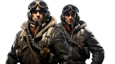 Two World War II bomber crew members posing for the camera, in leather jackets and goggles, against a black background, in the style of game character concept art.