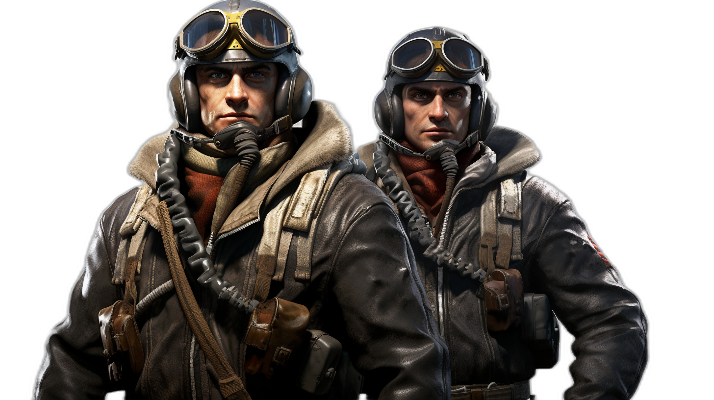 Two World War II bomber crew members posing for the camera, in leather jackets and goggles, against a black background, in the style of game character concept art.