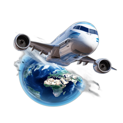 Realistic airbrush illustration of an airplane flying around the earth, blue and white colors with grey accents on black background