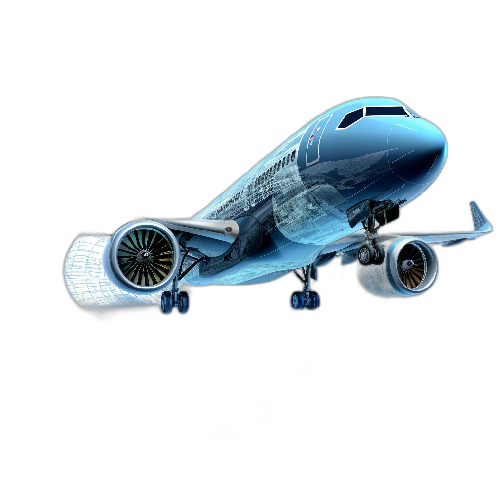 3D render of an airplane flying in an X-ray style with a transparent background, with high resolution and detailed rendering technology. The blue tone highlights the metallic texture and lightness of aircraft parts, presenting three-dimensional holographic effects on a black background. A low angle perspective display is visually stunning, showcasing intricate details in a side view.