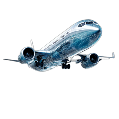 3D rendering of an airplane flying in the air with an X-ray effect on a black background. The airplane features translucent and semi-transparent materials with highly detailed textures painted white with blue reflective highlights. The perspective is isometric.