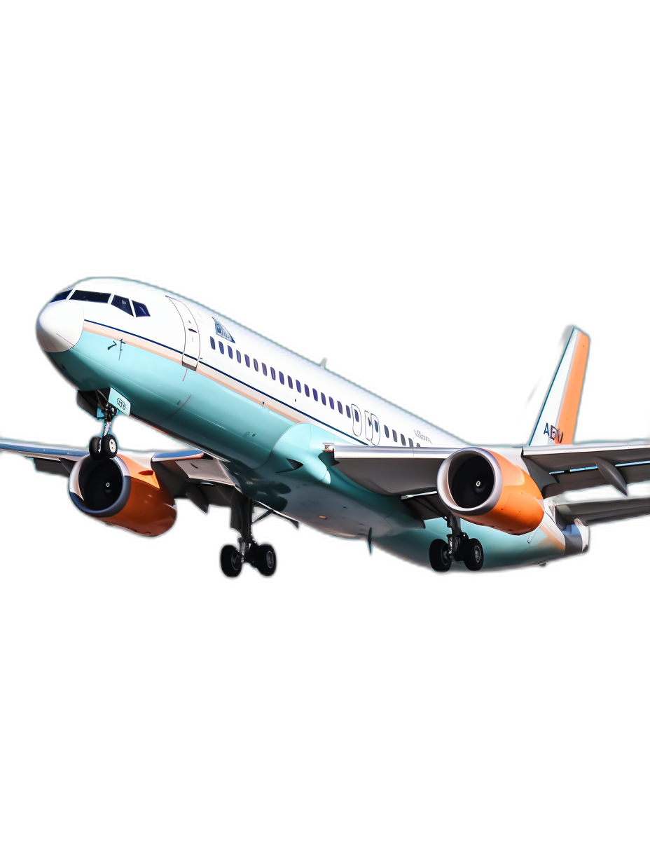 A320 airplane in the colors of teal and orange, flying against black background, photorealistic, high resolution