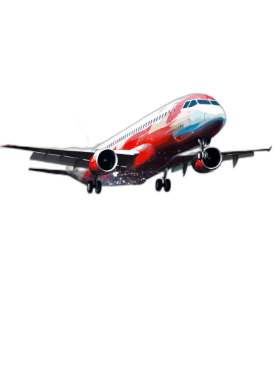 A complete Russian airplane flies in the air, with red and white colors on a black background, in the style of 3d render, in the cartoon style, using vector graphics, with bright colors, detailed, high resolution, hyper quality, high detail, in the hyper realistic style, hyperdetailed, hyperrealistic, with volumetric lighting, aiming for super realism, with no shadows, showing full details, high contrast, sharp focus, with photorealistic style, in png format.