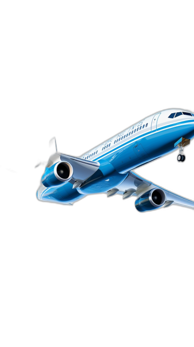 A blue and white airplane flying in the air against a black background, in the cartoon style with high resolution, high detail, and volumetric lighting. Bright colors were used in a hyperrealistic and highly detailed, high quality style.