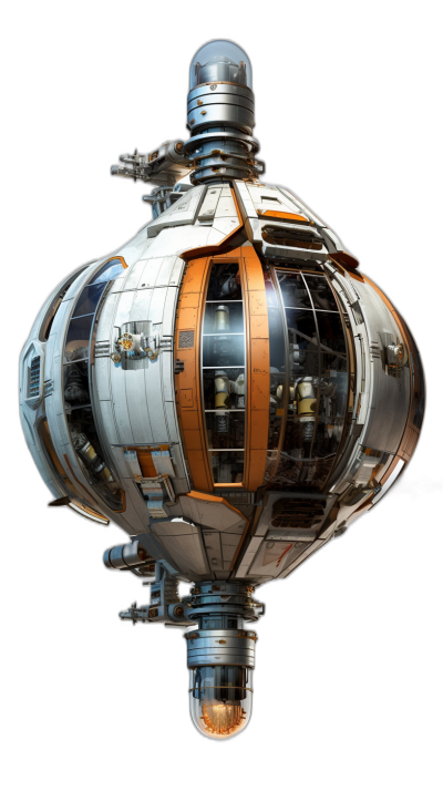 A detailed photo of an intricately designed, futuristic steampunk spherical space station with large windows showcasing the interior, on a black background, in a photorealistic, hyperrealistic style, with an octane render, hyperdetailed photography, and volumetric lighting.