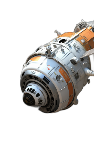 3D rendering of a spaceship in the style of a civilian cargo ship, in the style of Star Wars, white with orange details on a black background, with no lighting effects.